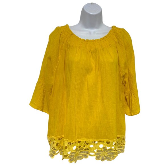 Women's Large Pullover Yellow Top Flare Sleeve Lace Bottom Design By-Z Studio - Picture 1 of 3